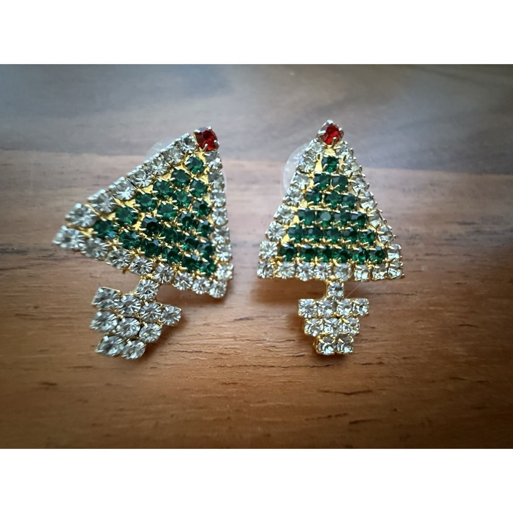Vintage Pair Of Rhinestone Gold Tone Christmas Tree Earrings
